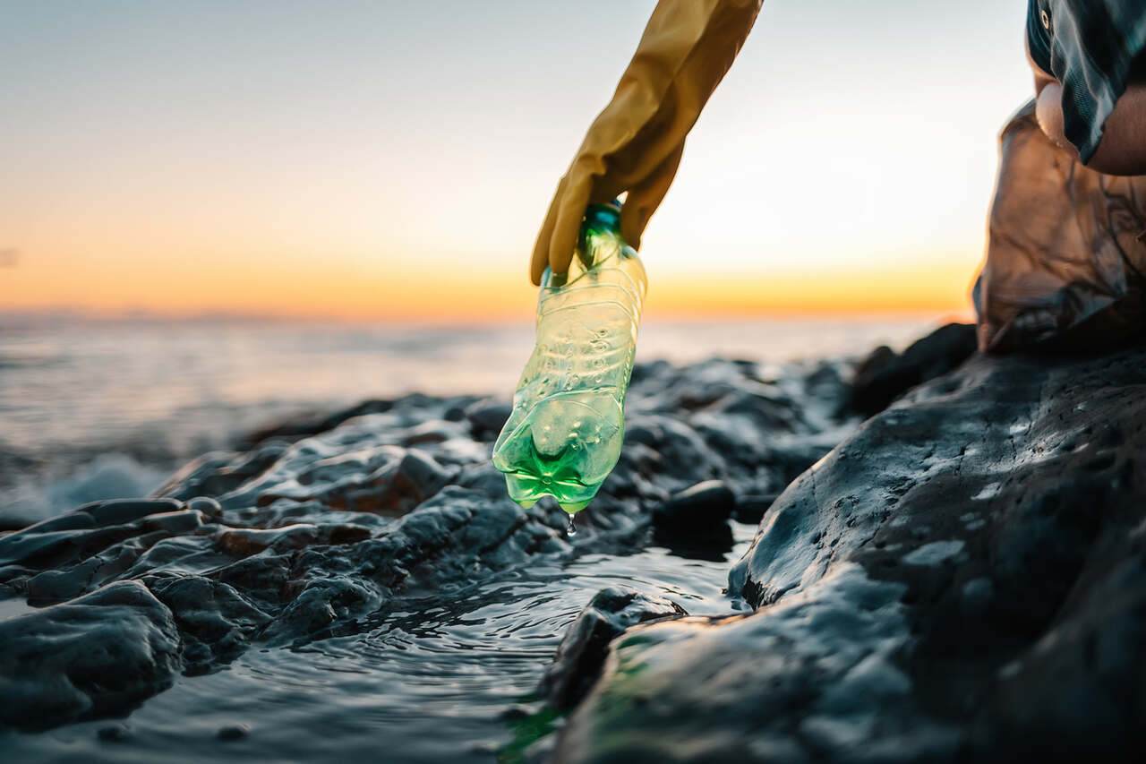 Voluntário usando luvas de proteção pega uma garrafa de plástico no mar. 